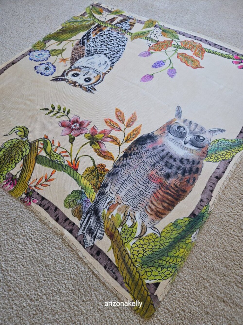 NWOT Echo Wool & Silk Large Square Scarf Owls Hoot Bird - Picture 6 of 9